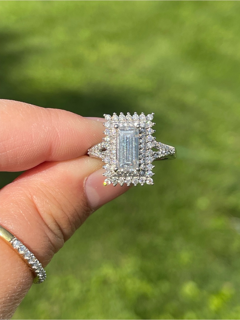 Classic Emerald-Cut Halo Moissanite Ring